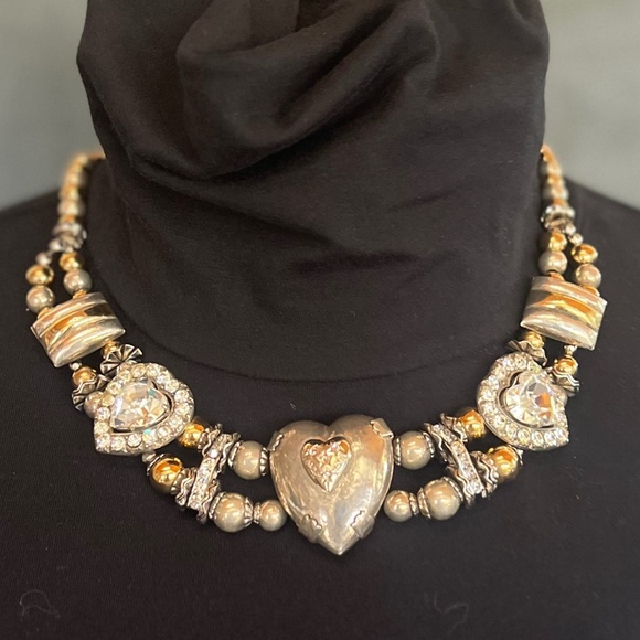 Vintage Ylang Ylang Choker Necklace, Gold Plate & Silver with Glass & Crystals - Picture 2 of 12